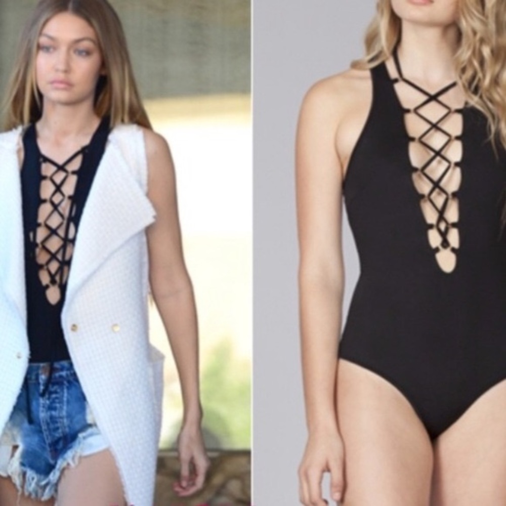 LF Olive Green Lace-Up Bodysuit